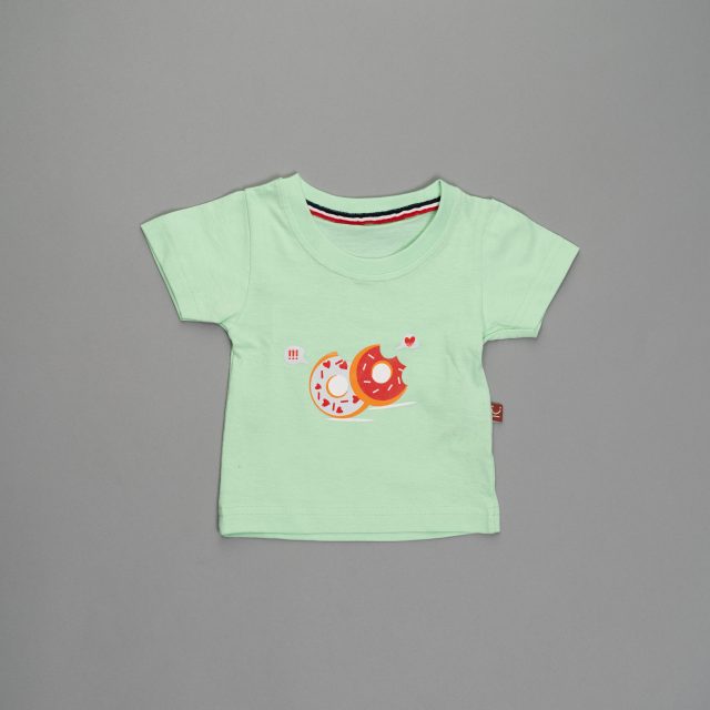 Green 100% cotton Tshirt with dough nut print for Boys and Girl by Ten and below